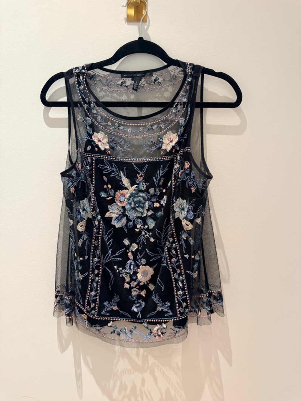 White House Black Market Black Floral Embroidered Mesh Camisole top